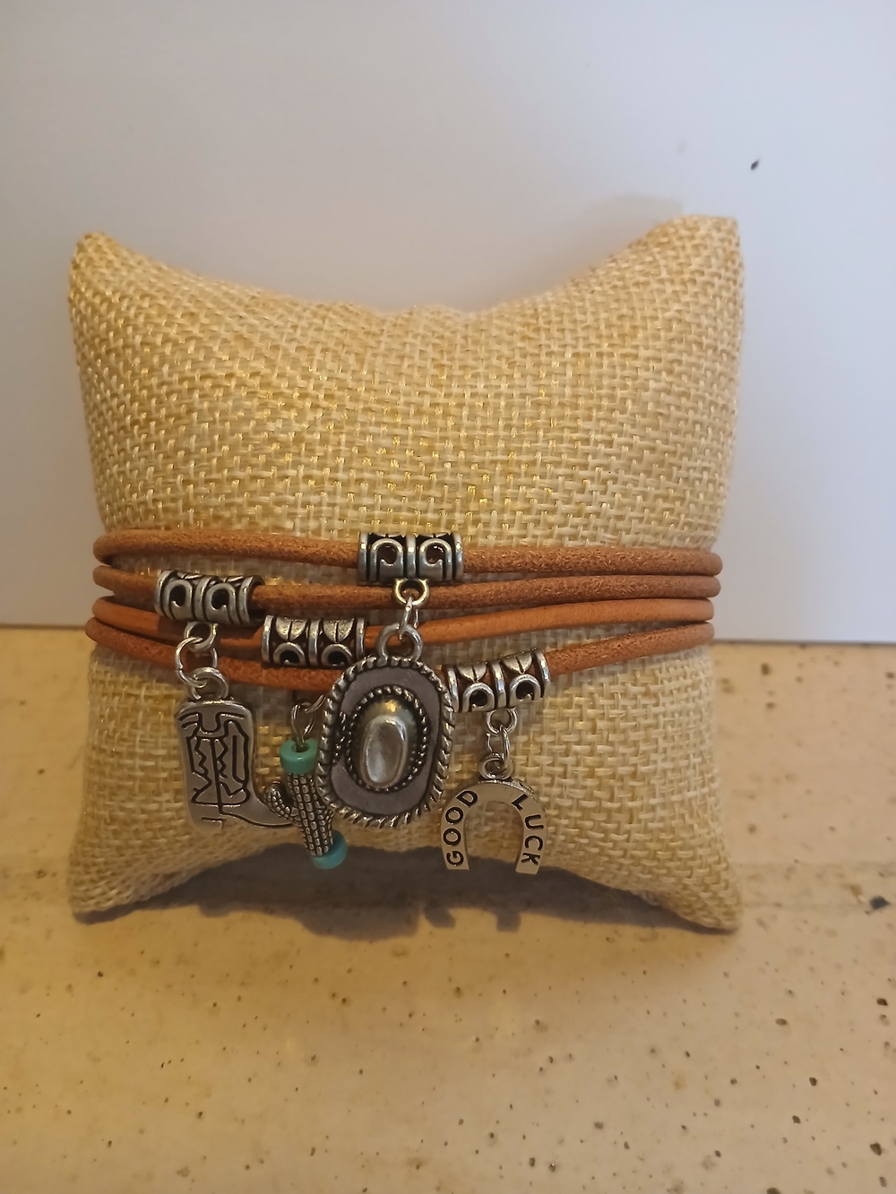 Brown Leather Wrap Bracelet with Silver Charms